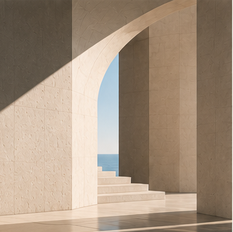 A stone arch and stairway framing an opening to the sea